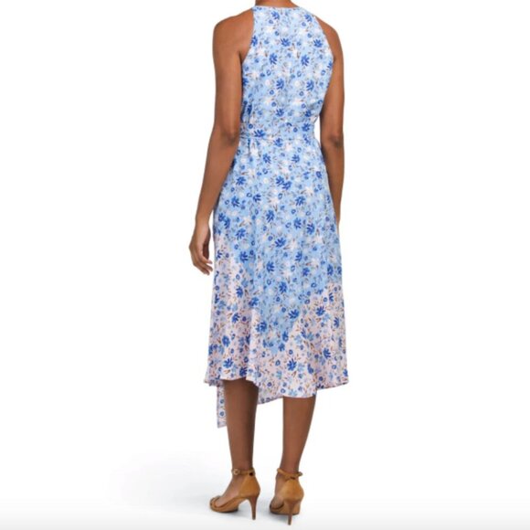 Blue Mixed Floral Print Halter Asymmetric Midi Dress with Pockets Women Size 12 - Picture 2 of 15